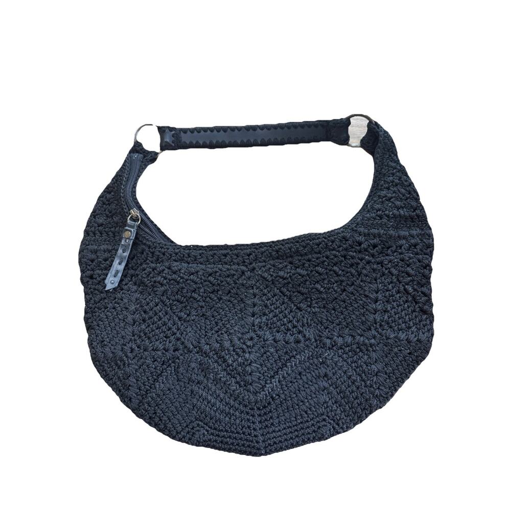 The Sak Y2K Black Crochet Hobo Shoulder Bag Boho Knit Purse Zip Pocket